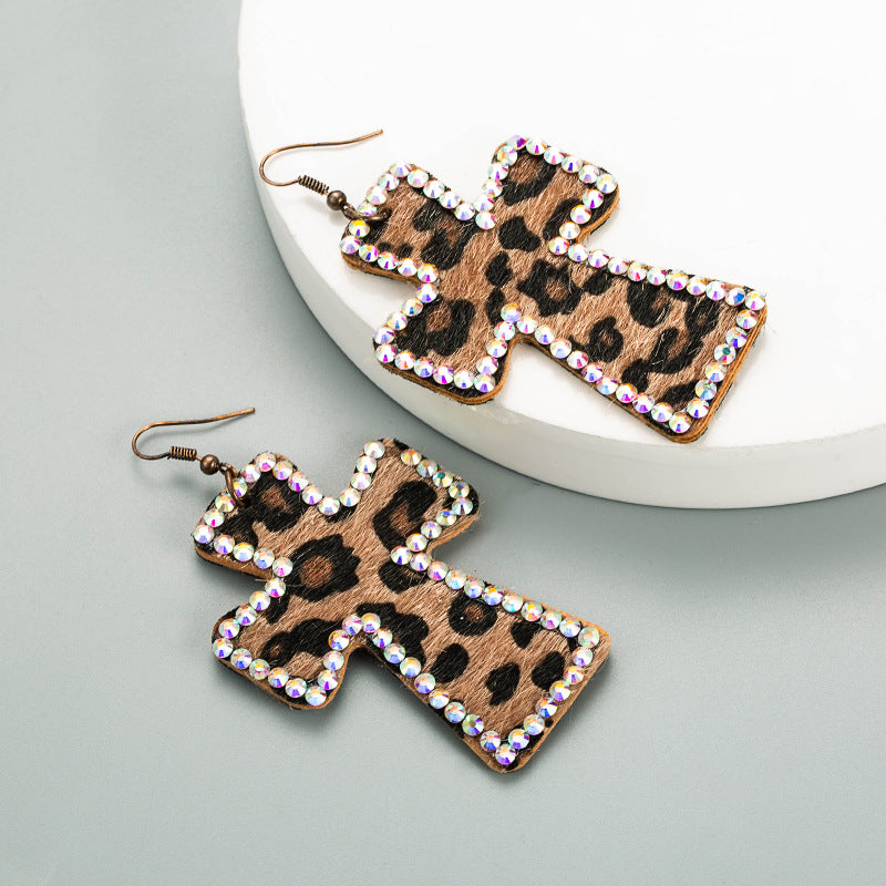 Wholesale Handmade Personalized Exaggerated Cross Genuine Leather Leopard Print Earrings